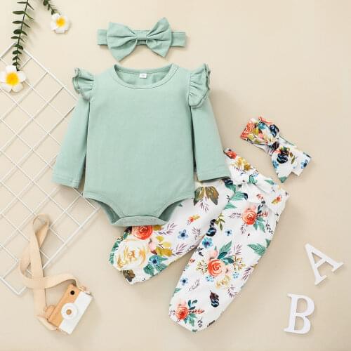 Autumn Baby Clothing Fall Baby Girl Clothes Romper Floral Pants with Headband 3Pcs Outfits Spring New Toddler Girls Clothes Set