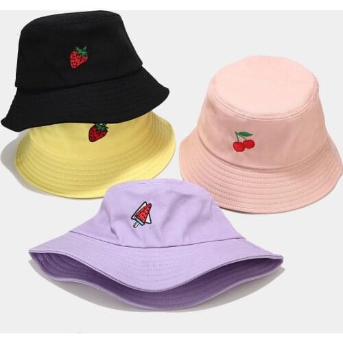 Bucket Cap Summer Cherry Strawberry Rose Bucket Hat Embroidery Yellow Hat Fisherman Hat Hip Hop Fishing Harajuku Sun Prevent Hat