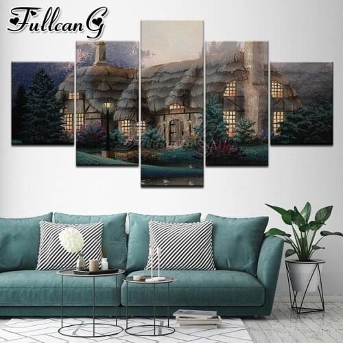 FULLCANG Thatched cottage scenery 5 piece diy diamond painting full square round drill mosaic embroidery sale home decor FC2788
