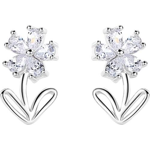 Simple Zircon Flower Korean 925 Sterling Silver Stud Earrings For Women Temperament Leaf Petal Small Trendy Dainty Jewelry Gift