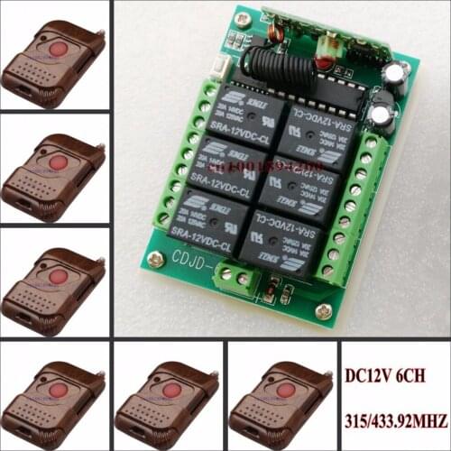 DC 12V 6CH Relay Receiver + 6 Transmitter 1 Button 1 Relay Momentary Toggle Latched adjustable learning Code RF Wireless Switch