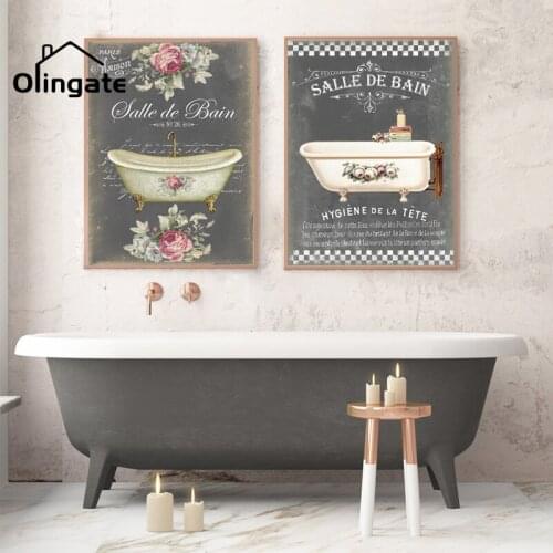 Retro French Bathroom Paintings Print Vintage Bathtub Posters Canvas Pictures One Piece Wall Art Home Decor for Bath Shower Room