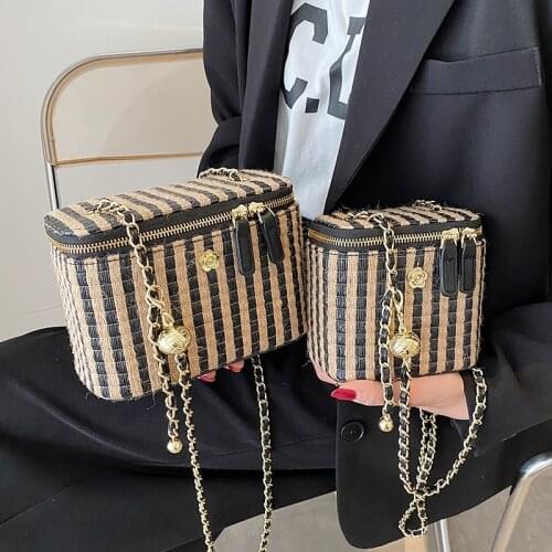 Square Stripe Woven Luxury Messenger Bag For Women Straw Fashion Handbags Bead Adjustable Shoulder Strap Box Bags Holiday Style