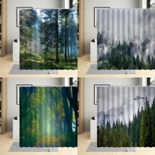 Psychedelic Fog Green Forest Print Shower Curtain Sunlight Nature Scenery Tree Landscape Bathroom Curtains Fabric Decor Cloth