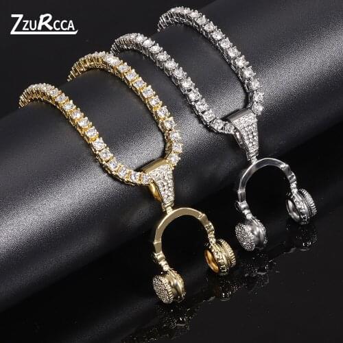 Iced Out Headphone Pendant Necklace Gold Tennis Chain Crystal Necklace for Women Charm Jewelry Free Shipping Items