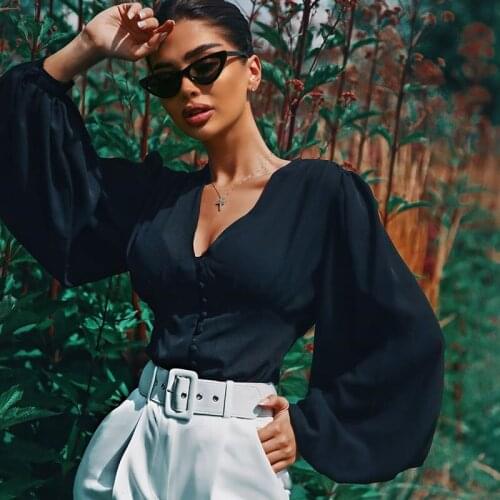 Obrix Vintage Bohemian Female Black Blouse V-Neck Lantern Sleeve Office Lady Fashion Shirt For Women