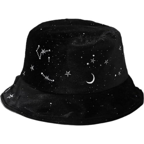 Women Winter Velvet Black Bucket Hat Star Moon Embroidery Panama Fisherman Cap D08E