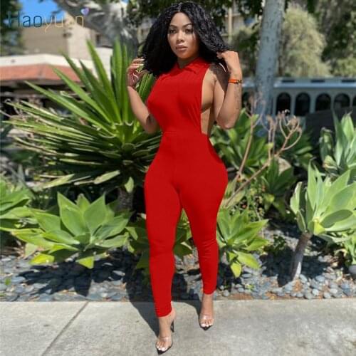 HAOYUAN Sexy Sleeveless Turn Down Collar Jumpsuit Side Hollow Summer Festival Clothes Fitness Pants for Women One Piece Outfits