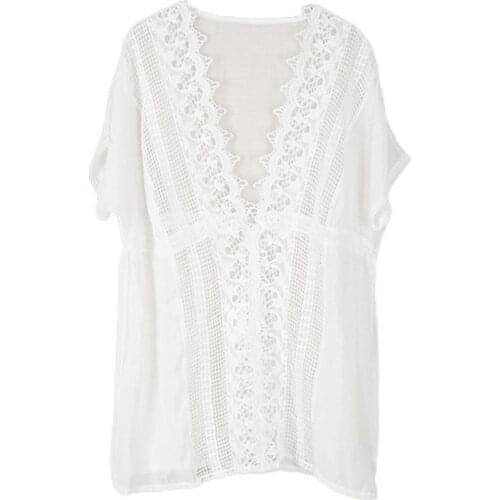 Women Summer Short Sleeve Bikini Cover Up Hollow Crochet Lace Splicing Sexy V-Neck Tassel Drawstring Sheer Beach Dress