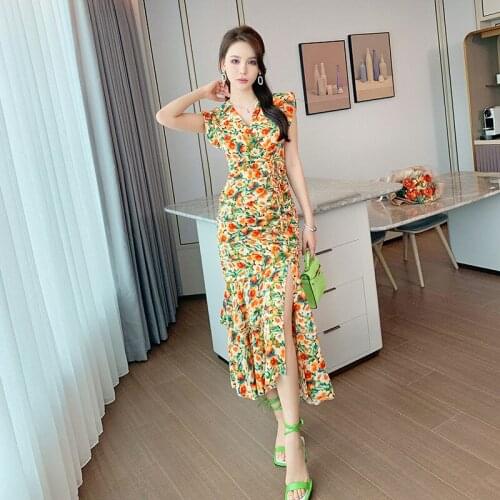 Korean Fashion Print Flower Summer Dress 2021 V-neck Sleeveless Corset Sexy Floral Dresses Ladies Split Midi Ruffle Dress Woman