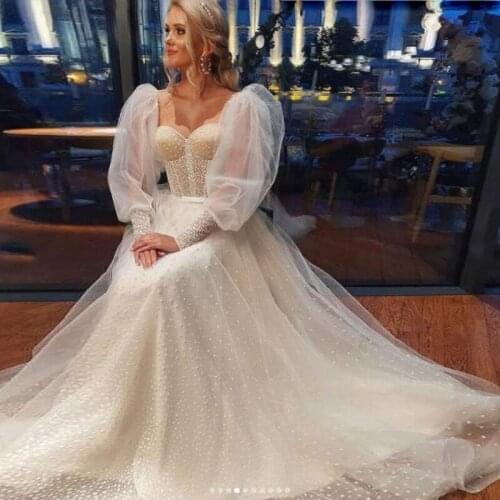 Princess Pearls Beaded Wedding Dresses Sheer Puffy Long Sleeves A Line Bridal Gowns Sweep Train Vestido De Novia