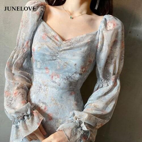 JuneLove Women Cute Sweet Flare Sleeve Elegant Lady Floral Chiffon Dress Vintage Korea Long Sleeve Chic Pink Blue Maxi Dress