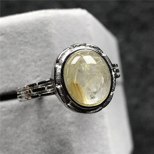 11x9mm Genuine Natural Gold Rutilated Quartz Ring Jewelry For Woman Lady Man Crystal Beads Silver Stone Adjustable Ring AAAAA