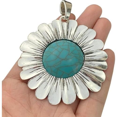 2 x Antique Sliver Color Large Sunflower & Faux Turquoise Charms Pendants for Necklace Jewellery Making Accessories 82x66mm