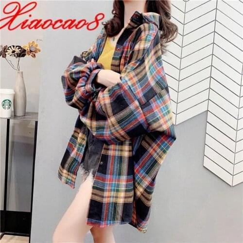 2021 Women Vintage Plaid Shirt Femmel Spring Cotton Long Blouses Oversize Casual Long Sleeve Top Clothes Plus Size Jacket 3xl