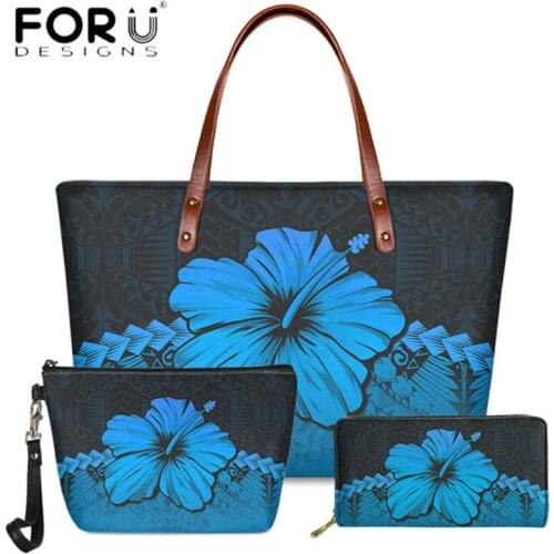 Hawaii Hibiscus Flower Print Women 3pcs Beach Bags Fashion Handbag Makeup Bag Clutch Leather Purse Shoulder Bolsa Drop Shipping