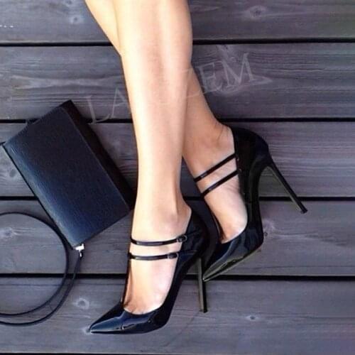 BERZIMER FASHION Women Heels Patent Shiny Stiletto High Heels Pumps 10.5CM-12CM Zapatos T Strap Shoes Woman Size 38 39 43 47
