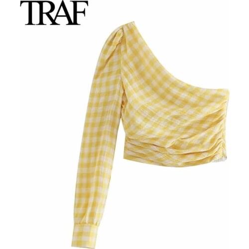 Traf Za Women Fashion Asymmetric Shirt French Vintage Plaid Long Sleeve Blouse Female Chic One Shoulder Top Mujer
