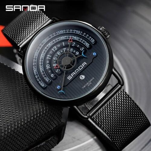 SANDA Black Wrist Watch Men Watches Top Brand Luxury New Wristwatch Male Quartz Watch For Men Clock Stainless Steel Strap Hours