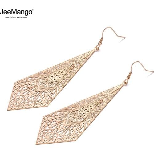JeeMango Vintage Stainless Steel Ethnic Hollow Geometry Drop Earrings Jewelry Rose Gold Dangle Earrings For Women Girls JE19245