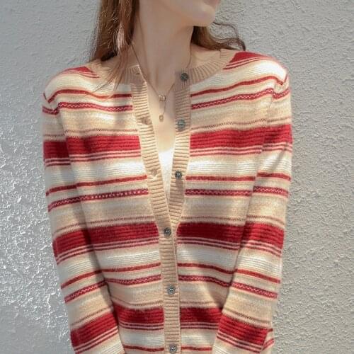 Hot Sale 100% Wool Cashmere Womens Cardigan Sweaters Autumn Female O-Neck Striped Warm Long SLeeve Soft Coat Tops Spring