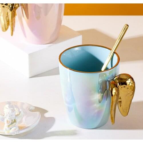 Wings Ceramic Mug Creative Gift Couple Cup Nordic Personalized Coffee Cup Water Cup with Cover Spoon