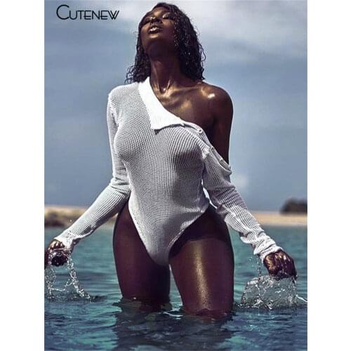 Cutenew Solid Sexy Grid See Through Long Sleeve Bodysuit Women Outfit Summer Fashion Button Skinny Elastic Lady Vacation Clothes