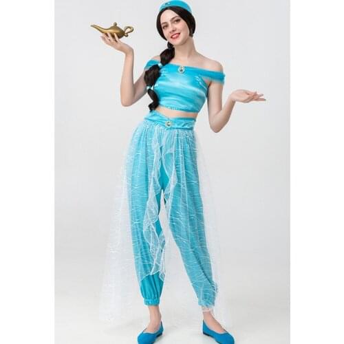 Adults Halloween Cosplay Party Belly Dance Aladdin Princess Jasmine Costume For Sexy Womens Dress Up Suit