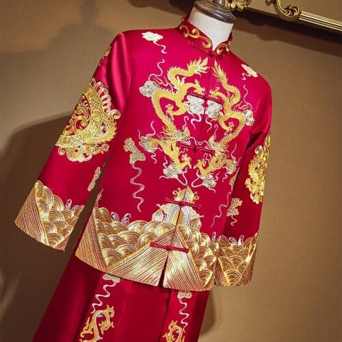 Chinese Style Men Marriage Set Dragon Embroidery Tang Suit Vintage Qipao Oriental Bridegroom Wedding Clothing Hanfu Costume