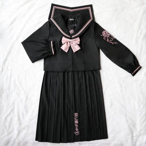 Cute Pink Long Sleeve Sailor Suit JK School Uniform Sets Black Shirt And Pleated Skirt Bowtie Suits For Girls Student Cosplay