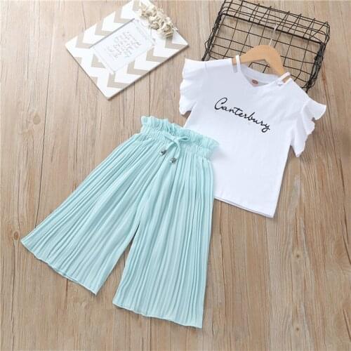 New Summer Fashion Children Kids Baby Girls Letter T-Shirt Tops+Ruffle Loose Pants Outfits Casual Girls Costume ropa de niños