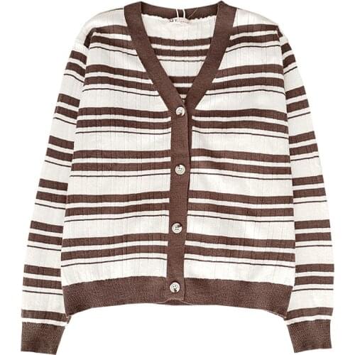Autumn retro contrast striped V-neck buttoned loose long-sleeved knitted cardigan sweater