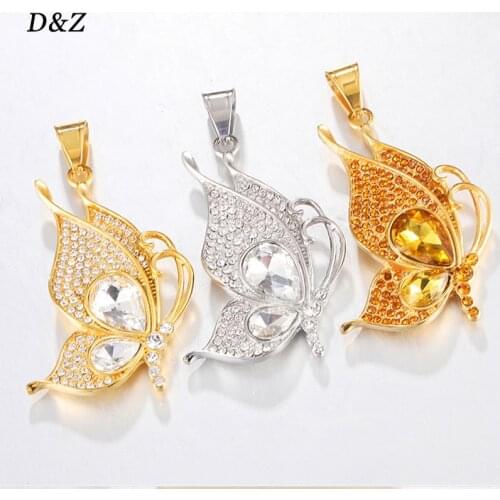 D&Z New Butterfly Pendant Necklace 3Types Stainess Steel With CZ Stone Gold Color Hip Hop Charm Necklace Jewelry Men Women Gift