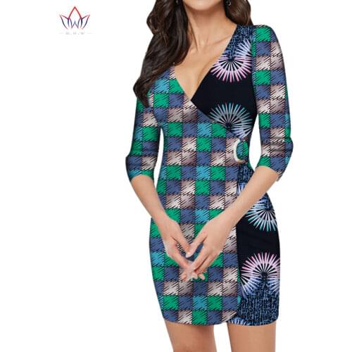 African Women Clothing Dashiki Bazin Riche Patchwork V Neck Three Quarter Dress Traditional Print Mini Dress Customize WY5259
