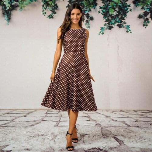 40# Elegant Dresses Women Dot Print Sleeveless Hebburn Vintage Dress Zip Cute Floral Knee Length Dress Ro Be Longue Белое Платье
