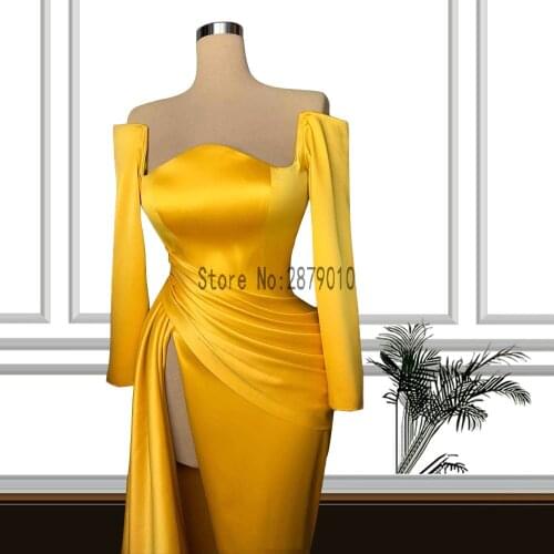 Simple Yellow Long Sleeve Evening Dresses Sexy Split Mermaid Satin Evening Gowns Robes Longue Formal Dress