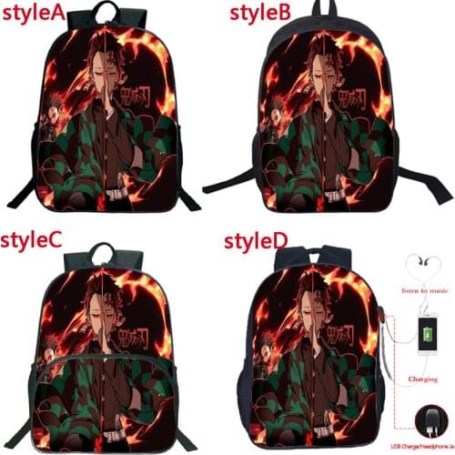 4 Styles Boys Girls Anime Kimetsu No Yaiba Backpack Students Demon Slayer School Bag Teens Bookbag USB Travel Rucksack Kids Gift