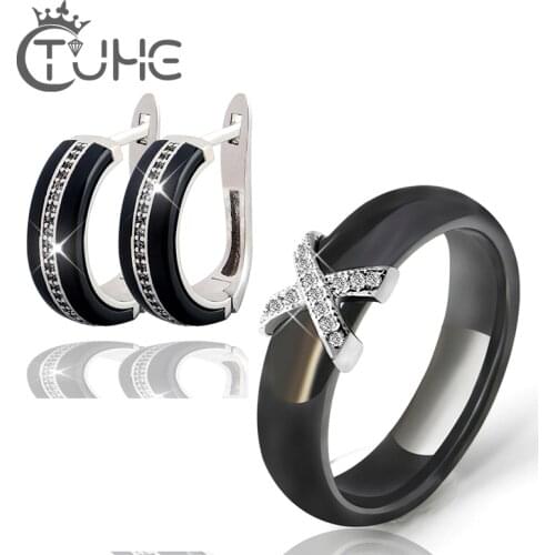 Silver Color AAA CZ Ceramic Bridal Jewelry Sets Black White Rings & Earrings Set Wedding Jewelry For Women Lady Health Material
