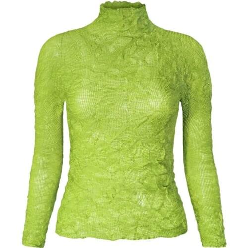 Tops Women 2020 Spring And Summer Women New Stand Collar Solid Colour Super Stretch Miyake Pleated Slim Bottoming Thin T-Shirts