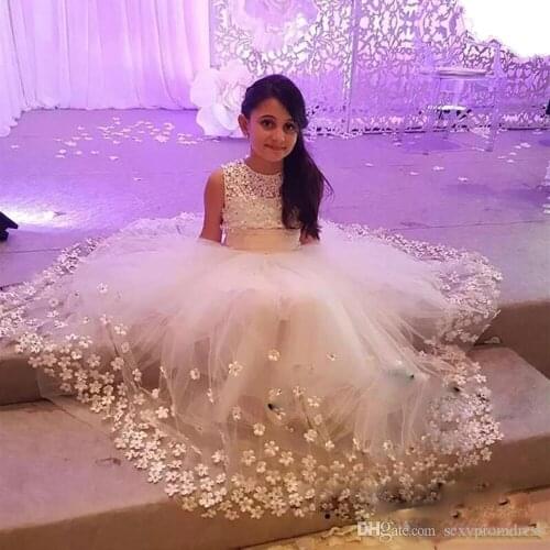 Tulle Sheer Back Flower Girl Dresses For Wedding Big Bow Sleeveless Girls Pageant Gowns Flora Appliques Baby Birthday Party Dres