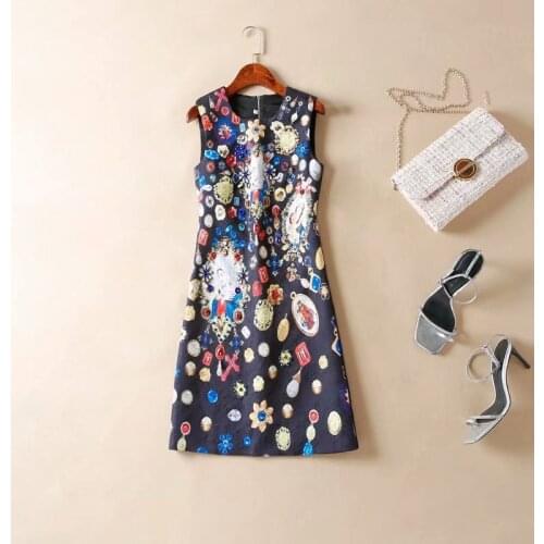 Womens American European and clothing 2021 summer new style Heavy duty bead printing sleeveless Fashion jacquard dress