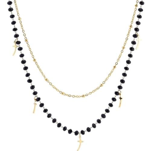 SDA Vintage Jewelry Gold Plated Stainless Steel Cross Chain For Women Black Crystal Beads Chocker Girl Necklace