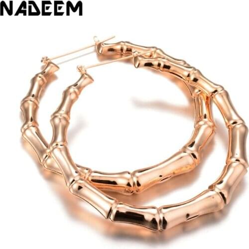 NADEEM Punk Gold Gold Round Stud Earrings Bamboo Design Big Circle Gothic Statement NightClub Earrings For Women Hip Hop Jewelry