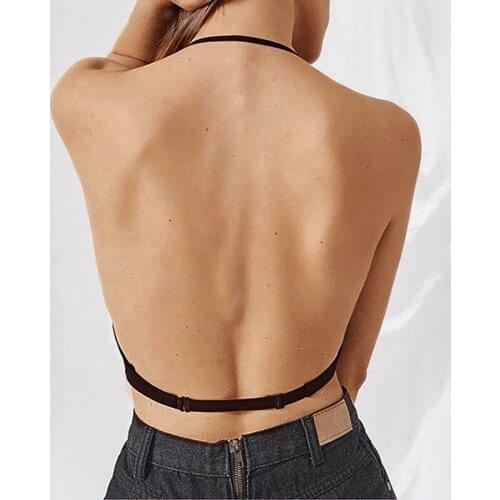 Sexy Women V Neck Lace Bra Deep U Backless Bralette Triangular Soft Seamless Underwear Women Low Back Transparent Bras Tank Tops