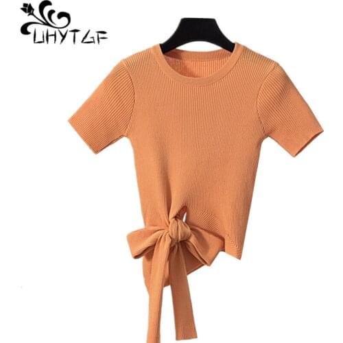UHYTGF Knitted pullover short tops Short sleeve O neck slim Summer sweater coat Lace-up chic Elasticity Casual thin top women738