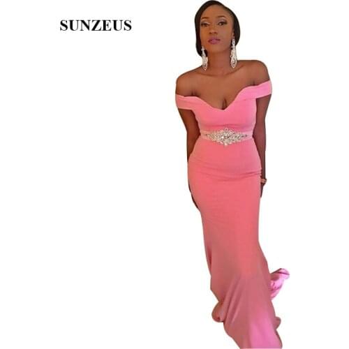 African Bridesmaid Dresses Sweetheart Off Shoulder Long Pink Wedding Party Gowns With Beaded Sash Formal Women Dress Fitted