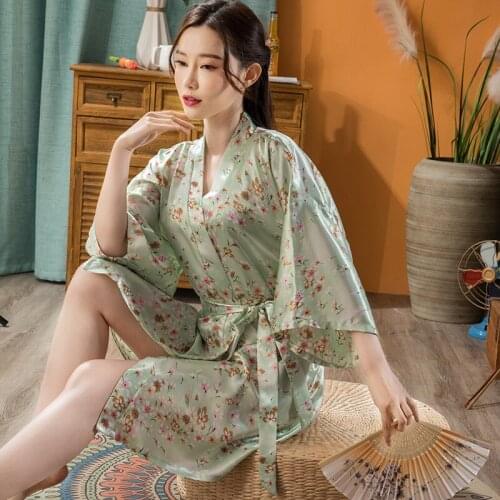 Womens Sexy Summer Thin Night Gown Japanese Yukata Imitation Silk Small Floral Short Kimono Cardigan Bathrobe 2021 New Style