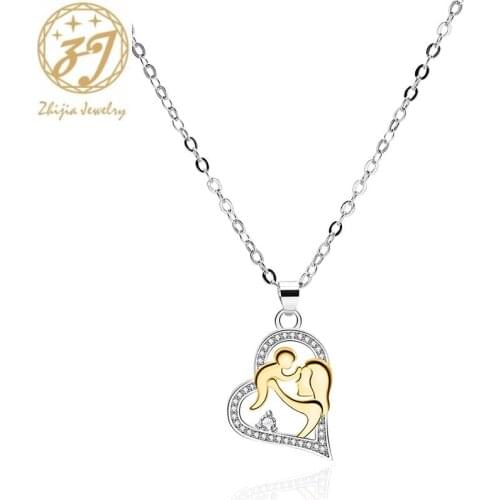 Zhijia trendy heart shape design rhinestone mum hug baby love pendant necklace for women mother gifts