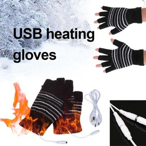 Winter Knitted USB Heated Half Finger Gloves Washable Fingerless