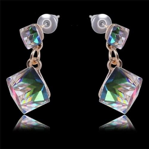 1Pair New Double Layer Crystal Square Cube Small Hoop Earrings for Women Girl Wedding Party Gift Colourful Crystal Earring
